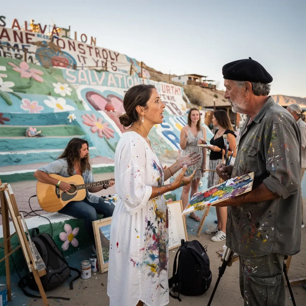 Фотография путешественников, позирующих на фоне знаменитой статуи в необычном стиле